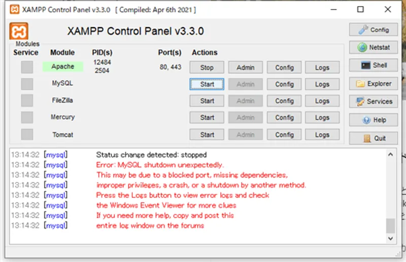 XAMPPでMySQLが起動しない